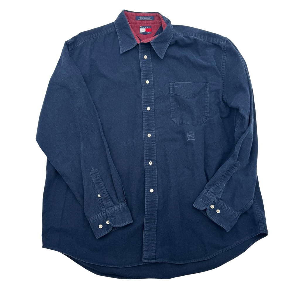Tommy Hilfiger Mens XL Navy Blue Flannel Button Down Shirt Long Sleeve Vintage